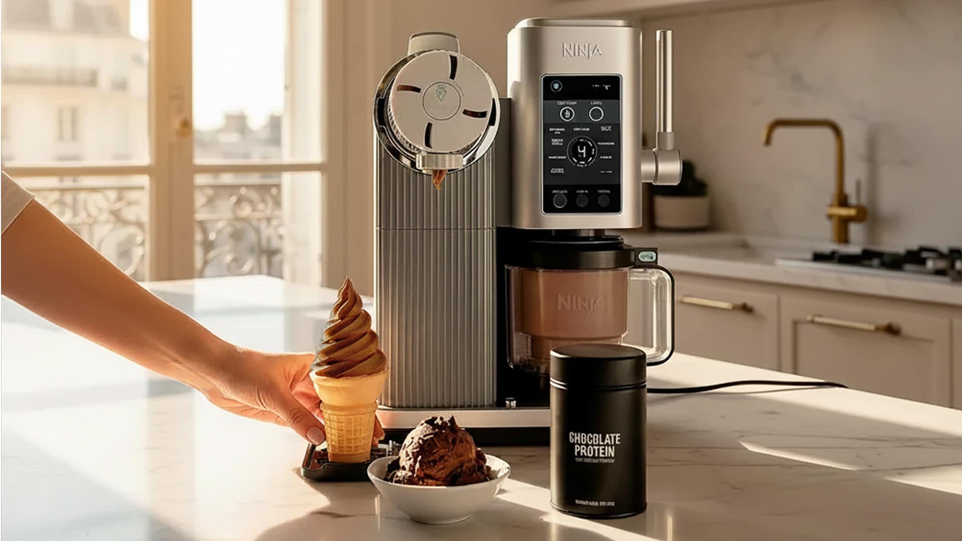 A Ninja Creami Scoop & Swirl machine dispensing chocolate protein soft-serve into a waffle cone on a kitchen counter.