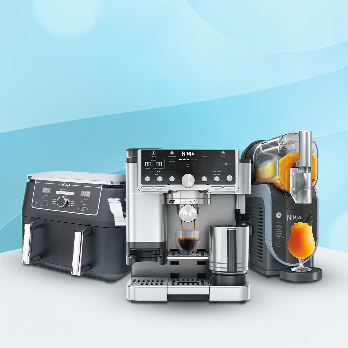 Three Ninja kitchen appliances — including a coffee machine, grill, and oven—displayed on a light grey background.