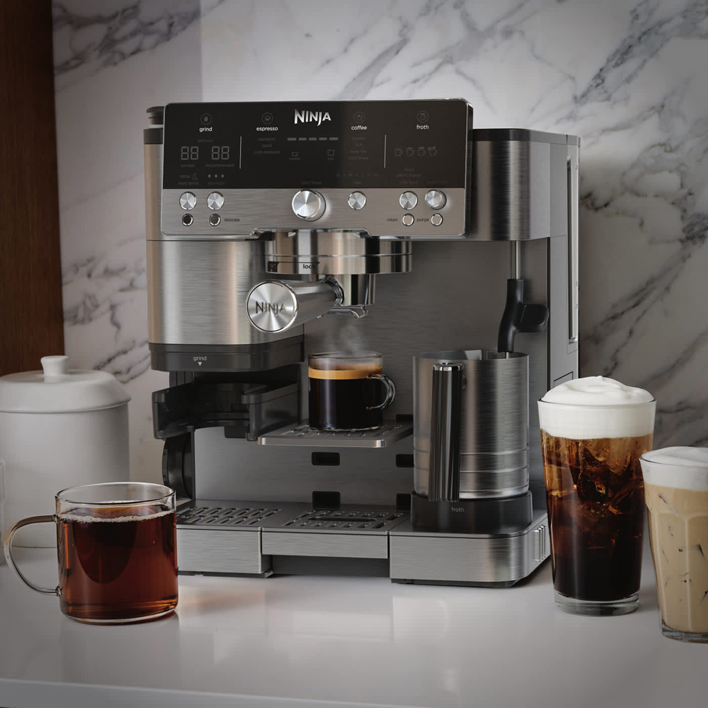 Image of Ninja Coffee Machine with a variety of different coffee drinks